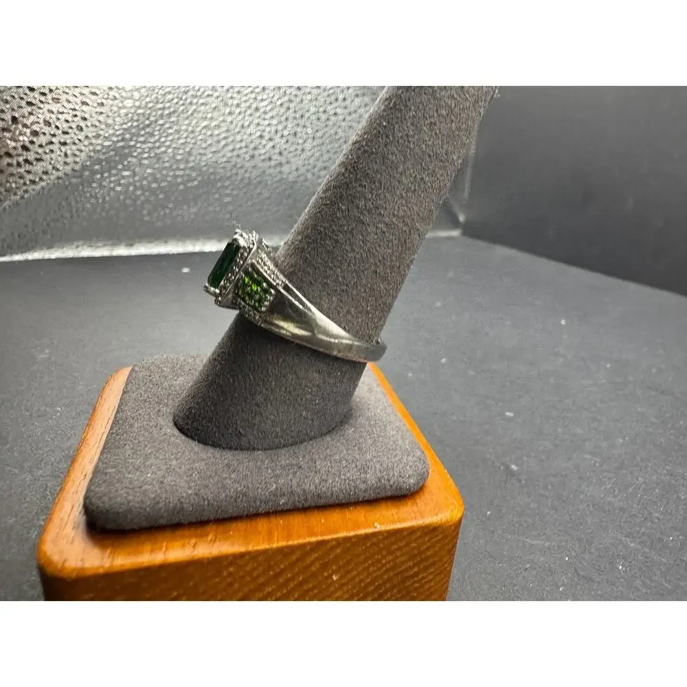 D'JOY Sterling Silver 925 Chrome Diopside Cushion Cut Green Gemstone Ring Sz 10